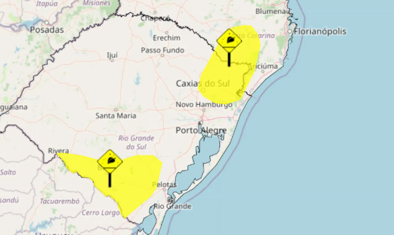 O mapa mostra as áreas em alerta para geada na sexta-feira 